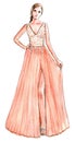 Female Model in a Long Peach Evening Gown Fashion Illustration