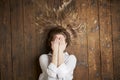 female model posing on wood floor Royalty Free Stock Photo