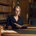 Female model sitting at desk and reading book at library Royalty Free Stock Photo