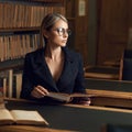 Female model sitting at desk and reading book at library Royalty Free Stock Photo