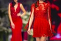 Fashion catwalk runway show models red dress Royalty Free Stock Photo