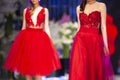 Fashion catwalk runway show models red dress Royalty Free Stock Photo