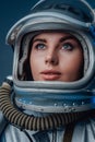 Female modern cosmonaut in spacesuit and helmet