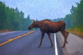 Female Moose Crossing The Alaska Highway In Autumn, Creative Wildlife Oil Painting, Alaska Wildlife, Royalty Free Stock Photos