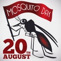 Female Mosquito Holding a Flag for World Mosquito Day, Vector Illustration