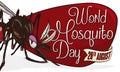 Female Mosquito over Sign and Ribbon for World Mosquito Day, Vector Illustration