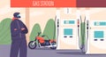 Female Motorcyclist Character Refuels Her Bike At A Gas Station, with Determined Efficiency, Vector Illustration