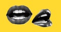 Female mouth in halftone treatment for collage on yellow background. Sexy smile lips element, vector trendy illustration