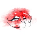 Female mouth with red lips and nails. Woman fingers on lip. Graphics and watercolor. Royalty Free Stock Photo