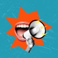 Female mouth screaming with a megaphone in the background. Modern design, modern creative art collage Royalty Free Stock Photo