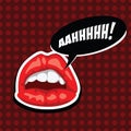 Female mouth with speech bubble. Red lips and comic speech bubble. Beautiful girl lips. Open mouth. American comics