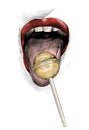 Female mouth wide open with tongue sticking forward on tongue lies round Lollipop