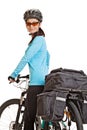 Female mtb cyclist with saddlebag, looking at the camera and sm