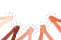 Female multicultural hands applaud. Women clap. Greetings, thanks, support. Vector illustration on white background