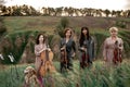 Female musical quartet with violins and cello prepares to play at flowering meadow. Royalty Free Stock Photo