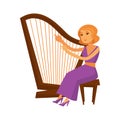 Female musician in dress sitting and playing harp instrument