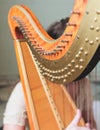 Female musician harpist playing wooden harp during symphonic concert on a stage, with other musicians in the background, close up