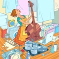 A female musician plays the double bass, a housewife is distracted from household chores