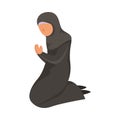 Female Muslim prays in a traditional ethnic black hijab. Vector illustration in flat cartoon style.
