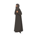 Female Muslim in a traditional ethnic black niqab. Vector illustration in flat cartoon style.