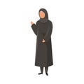 Female Muslim in a traditional ethnic black hijab with raised right hand. Vector illustration in flat cartoon style.