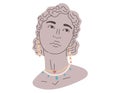 Female mythical antique flat head. Gypsum stone woman Greek statue with jewelry, earrings, necklace, chain. Vector