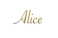 Alice - Female name . Gold 3D icon on white background. Decorative font. Template, signature logo.