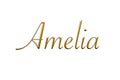 Amelia - Female name . Gold 3D icon on white background. Decorative font. Template, signature logo.