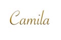 Camila - Female name . Gold 3D icon on white background. Decorative font. Template, signature logo.