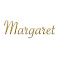 Margaret - Female name . Gold 3D icon on white background. Decorative font. Template, signature logo.
