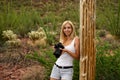 Female nature photographer taking photos of the saguaro cactus Carnegiea gigantea in Saguaro National Park, Arizona Royalty Free Stock Photo