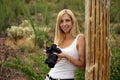 Female nature photographer taking photos of the saguaro cactus Carnegiea gigantea in Saguaro National Park, Arizona Royalty Free Stock Photo