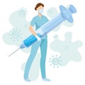 Female nurse character holding a giant syringe