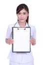 Female nurse with clipboard blank fortext