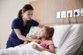 Female Nurse Examining Girl Lying In Hospital Bed Hugging Teddy Bear