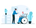 Female nurse giving glass of water to elderly man in a wheelchair. Vector concept illustration of young smiling nurse helping