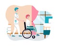 Female nurse helping old disabled woman in nursing home a vector illustration