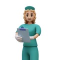 Female nurse in uniform and gloves makes note on clipboard. 3D female hospital worker Royalty Free Stock Photo