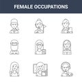 9 female occupations icons pack. trendy female occupations icons on white background. thin outline line icons such as gamer,