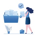 Female office worker adds file to big folder. Storage and indexing of information. Business woman holds paper document. User and