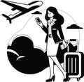 female office worker or Air hostess boarding the plane illustration in doodle style