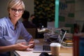 Female Office Worker With Coffee At Desk Working Late Royalty Free Stock Photo