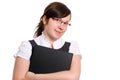 Female office worker holds black folder, isolated Royalty Free Stock Photo