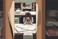 A female office worker sitting in an empty cubicle with her head in her hands surrounded by financial documents.. AI Royalty Free Stock Photo
