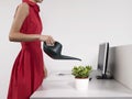 Female office worker watering desk plant