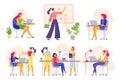 Female office workers. Business woman holds meeting, women team work together and businesswoman with laptop vector