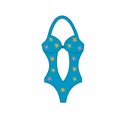Female one-piece swimsuit. Modern blue swimwear with bright multicolor pattern.