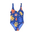 Female one-piece swimsuit. Modern blue swimwear with bright multicolor pattern. Women swimming clothes. Flat colorful