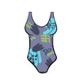 Female one-piece swimsuit. Modern blue swimwear with bright multicolor pattern. Women swimming clothes. Flat colorful