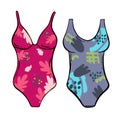 Female one-piece swimsuit. Modern blue swimwear with bright multicolor pattern. Women swimming clothes. Flat colorful